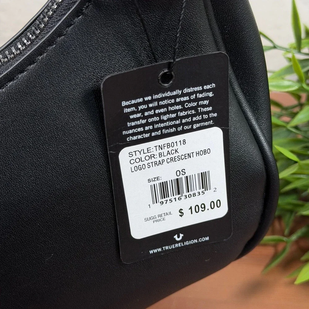 True Religion Women Logo Strap Crescent Hobo Black Faux Leather Bag TNFB0118